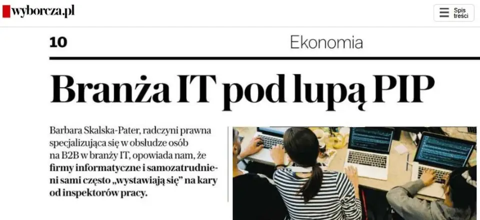Wycinek z Gazety Wyborczej: artykuł „Branża IT pod lupą PIP” z wypowiedzią Barbary Skalskiej-Pater